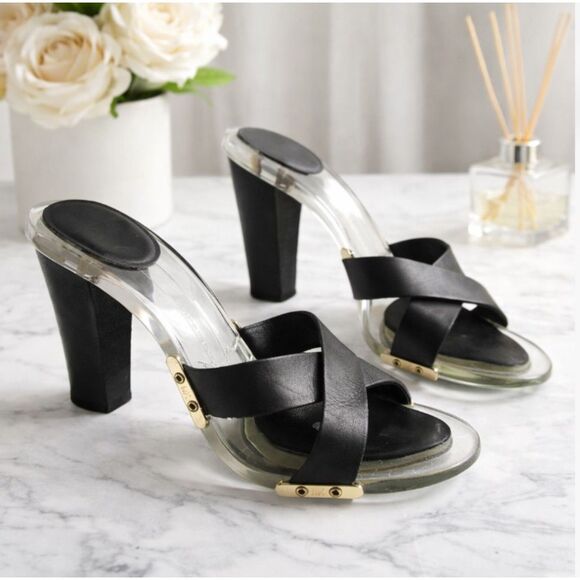 Michael Kors Shoes - Michael Kors Black Leather Lucite Heels Chic Y2K Slide Sandals 6.5
